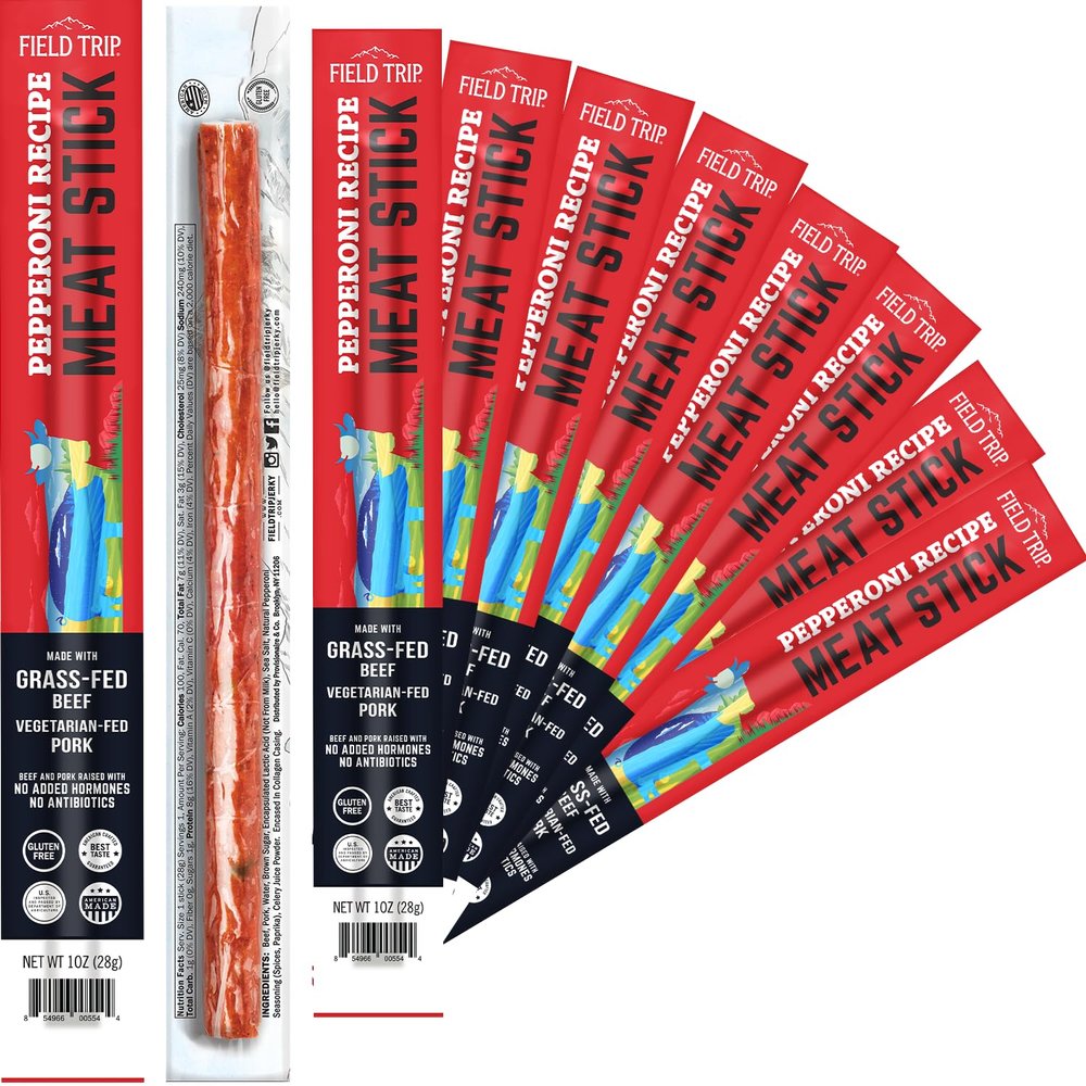 Field Trip Grass Fed Pepperoni Jerky Snack Sticks, Keto, Paleo, Gluten Free, Allergy Friendly Snack, High Protein, 100 Calorie Snack, 1oz, 10 Pack