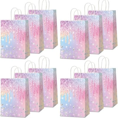 12Pcs Iridescent Diamond Birthday Gift Bags Glitter Diamond Goodie Bag Happy Birthday Treat Bag Colorful Glitter Candy Bags Supply Wedding Bridal Baby Shower Party Favors Decorations 4.7*3.15*8inch