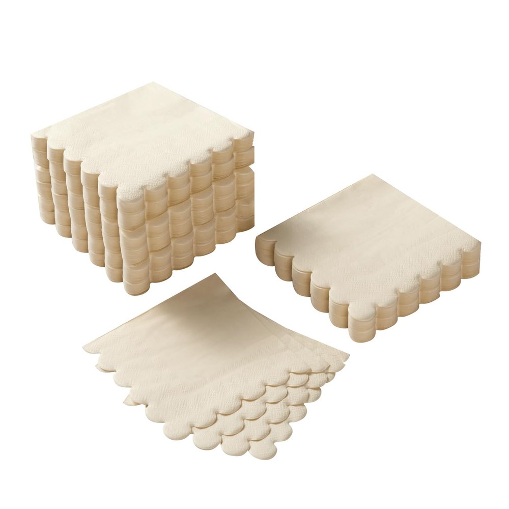 100 Pack Cocktail Napkin 2-Ply Scalloped Edged Dessert Napkins Folded 5 x 5 Inches Disposable Napkins for Dinner Wedding Birthday Party Bridal Anniversary Reception Event (Milky-White)