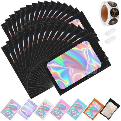 150-pack 6 x 9 in Holographic Mylar Bags with Clear Window Resealable Foil Pouches for Food Storage Smell Proof Edible Packaging Zip Bag for Cookies, Jewelry and Small Business, Thank You Stickers