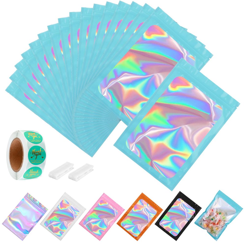 150-pack Holographic Mylar Bags with Clear Window 7" x 10" 1 Quart Resealable Foil Pouches for Food Storage Large Smell Proof Edible Packaging Zip Bag for Cookies, Jewelry and Small Business