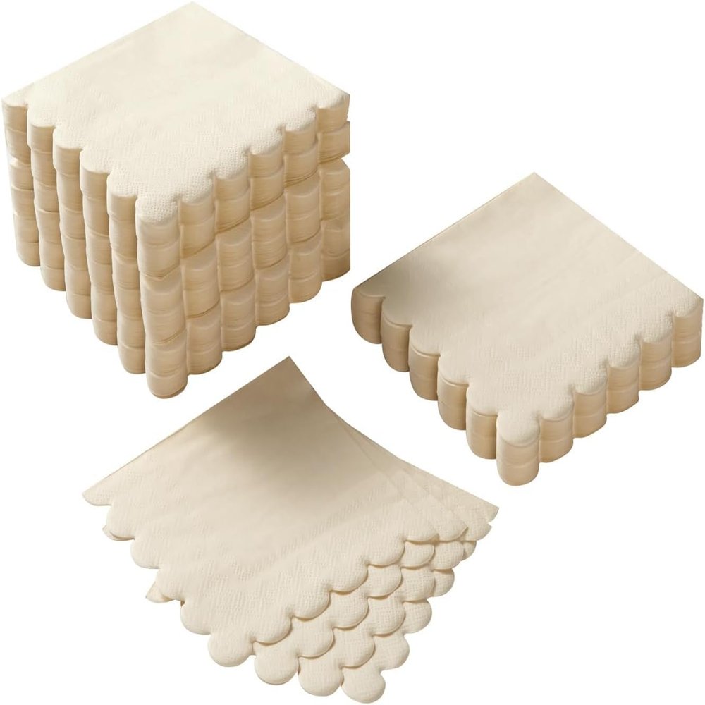 200 Pack Cocktail Napkin 2-Ply Scalloped Edged Dessert Napkins Folded 5 x 5 Inches Disposable Napkins for Dinner Wedding Birthday Party Bridal Anniversary Reception Event (Milky-White)