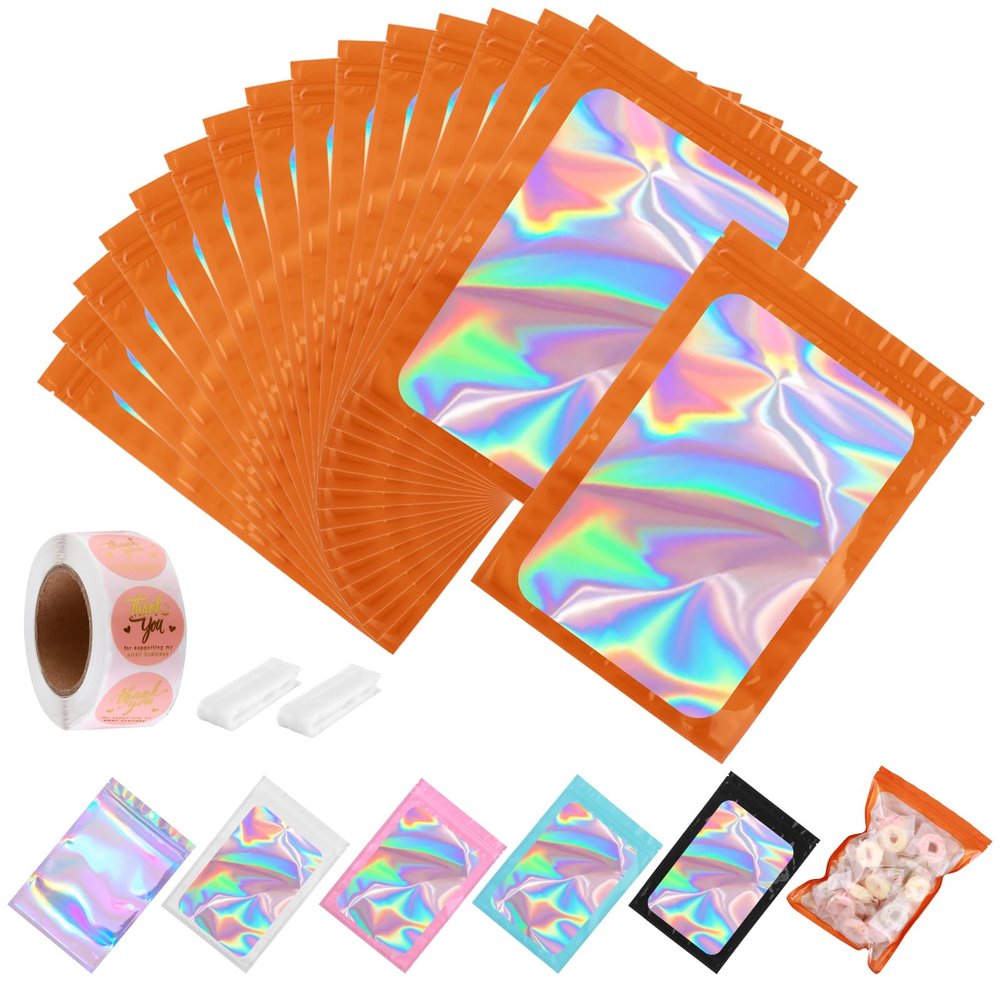 150-pack 6 x 9 in Holographic Mylar Bags with Clear Window Resealable Foil Pouches for Food Storage Smell Proof Edible Packaging Zip Bag for Cookies, Jewelry and Small Business, Thank You Stickers