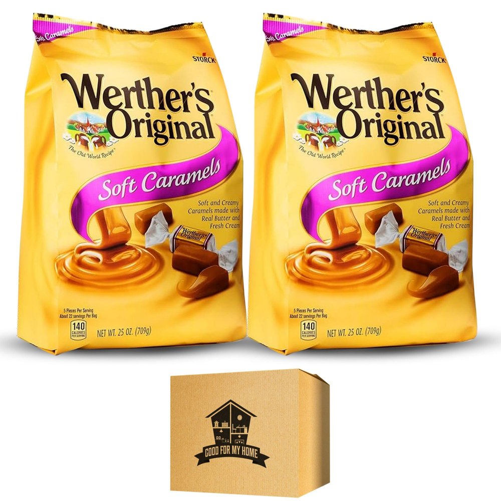 Caramel Candy Bundle. Includes Two 25 Oz Pack of Werthers Original Soft Caramel Candy. Individually Wrapped Soft Candy ideal for any occasion. Werthers Soft Caramel. Comes with Good For My Home Box!