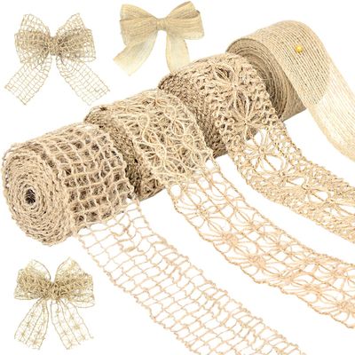 4 Rolls Burlap Ribbon 12 Yard Natural Jute Mesh Burlap Ribbon Trim Craft Ribbon for Gift Wrapping Crafts Party Decoration DIY Packaging(Khaki)