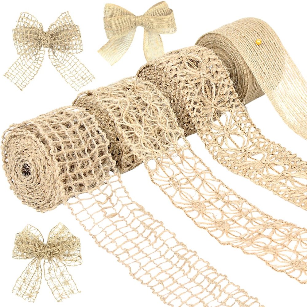 4 Rolls Burlap Ribbon 12 Yard Natural Jute Mesh Burlap Ribbon Trim Craft Ribbon for Gift Wrapping Crafts Party Decoration DIY Packaging(Khaki)