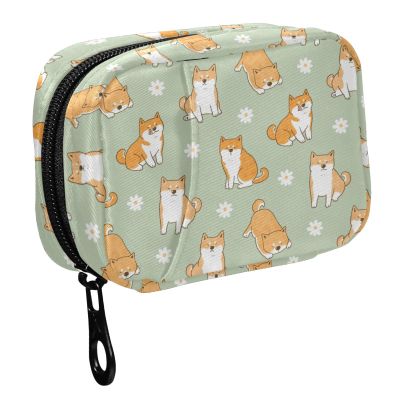 Fustylead Cute Cartoon Shiba Inu Dog and Daisy Flower Pill Organizer Travel Portable Zipper Cloth Bag for Holding Weekly Supplements Vitamins and Fish Oils