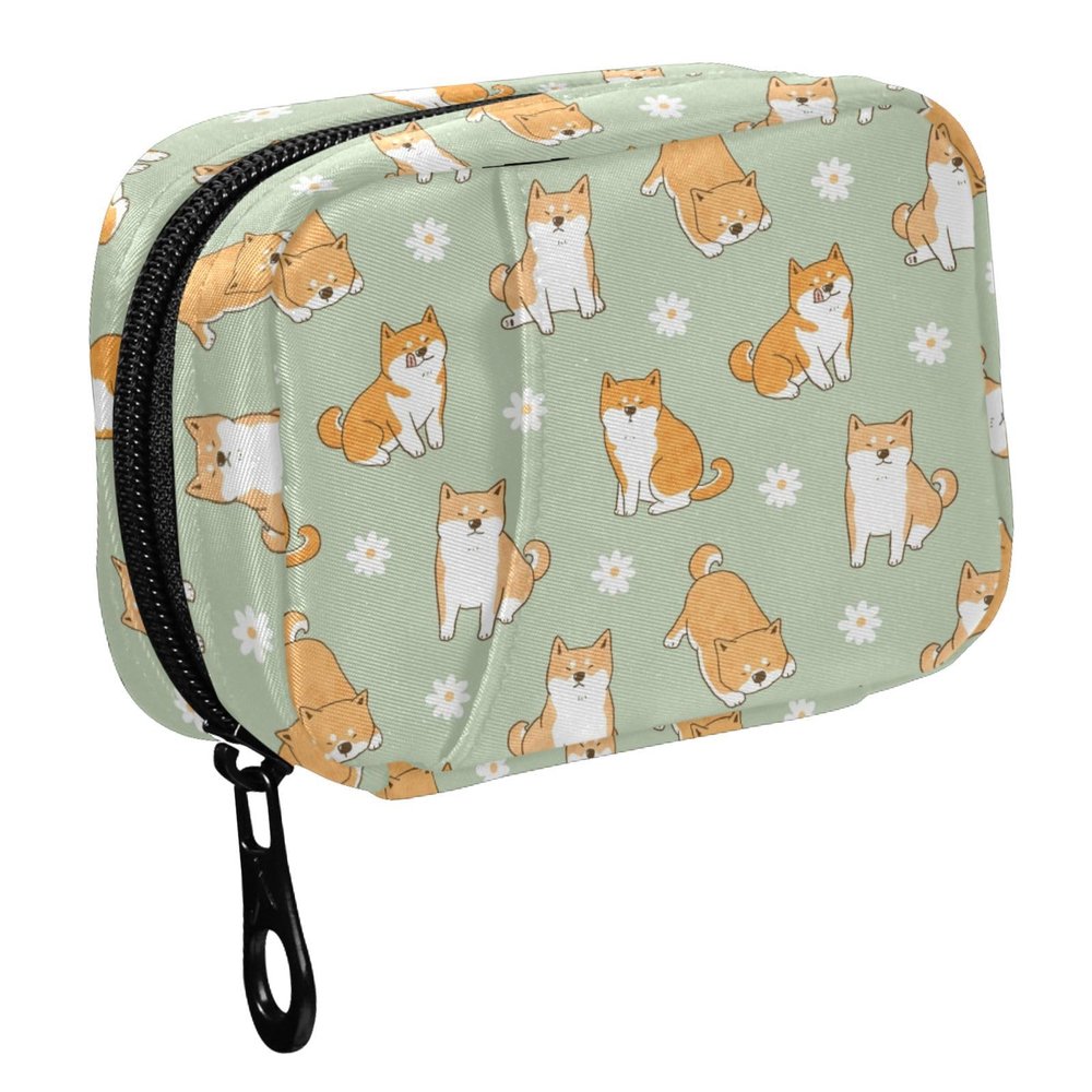 Fustylead Cute Cartoon Shiba Inu Dog and Daisy Flower Pill Organizer Travel Portable Zipper Cloth Bag for Holding Weekly Supplements Vitamins and Fish Oils