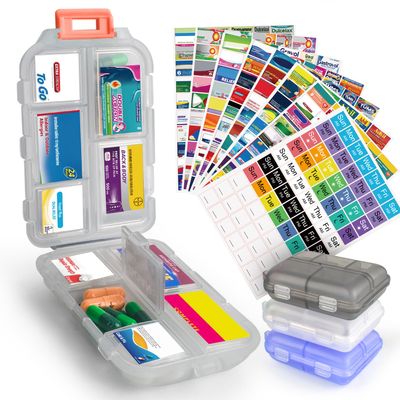 3 Pcs DIY Travel Pill Organizer with Labels Pocket Pharmacy, 3 Pill Box & 420 Medicine Labels, Portable Travel Essentials Mini Pill Container 7 Day Pill Case Storage Vitamin Fish Oil (Set A)