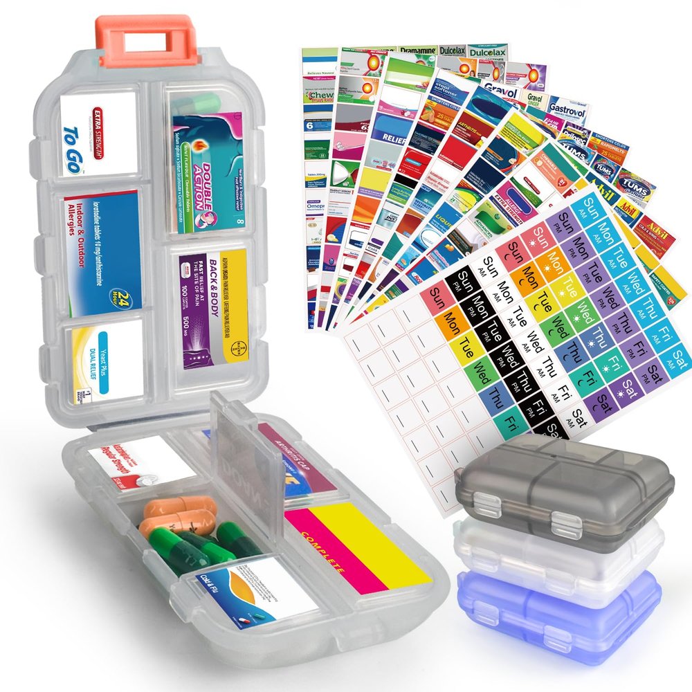 3 Pcs DIY Travel Pill Organizer with Labels Pocket Pharmacy, 3 Pill Box & 420 Medicine Labels, Portable Travel Essentials Mini Pill Container 7 Day Pill Case Storage Vitamin Fish Oil (Set A)