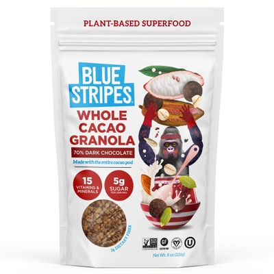 Blue Stripes Whole Cacao Granola - Gluten Free 70% Dark Chocolate Granola for Cereal, Oatmeal, Yogurt, 5g Protein Per Serving, Source of Fiber, Vegan, Low Sugar - Dark Chocolate, 8 oz Bag (3 Pack)