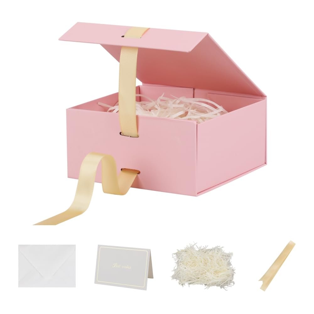 BoxSkivra Pink Gift Box with Ribbon 1 Pack 6X6X3 Inch Small Gift Box with Lid Magnetic Closure Rectangle Collapsible Luxury Gift Boxes for Mother's DayBirthdaysShredded Paper Filler & Card