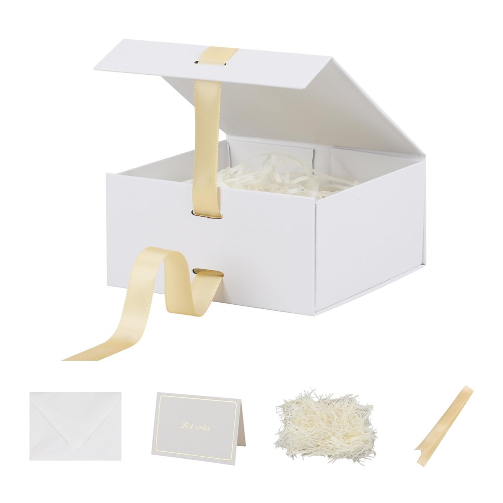 BoxSkivra Small Gift Boxes with Lids 5 Pack 6X6X3 Inch White Gift Box with Ribbon Foldable Gift Boxes for PresentsAnniversary GiftsBridesmaid Proposal BoxShredded Paper Filler & Cards