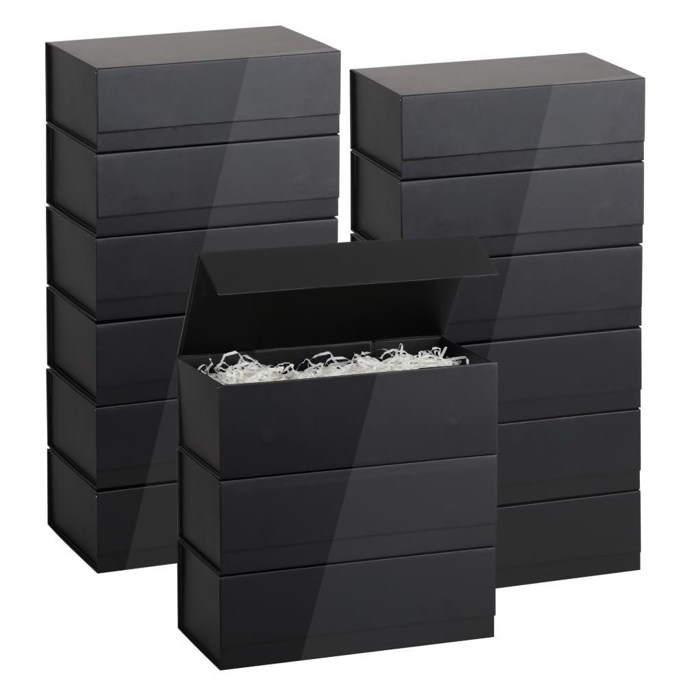 BoxSkivra Black Magnetic Gift Box 15 Pack 9.5X6X3 Inch Foldable Gift Boxes Bulk Black Gift Boxes with Lids Packaging for Small Business Luxury Gift Box Shredded Paper Filler