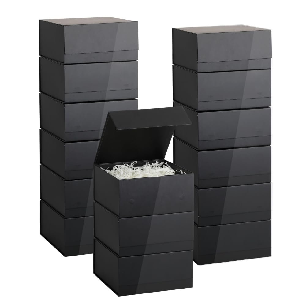 BoxSkivra Black Magnetic Gift Box 15 Pack 8X8X4 Inch Foldable Gift Boxes Bulk Black Gift Boxes with Lids Packaging for Small Business Luxury Gift Box Shredded Paper Filler