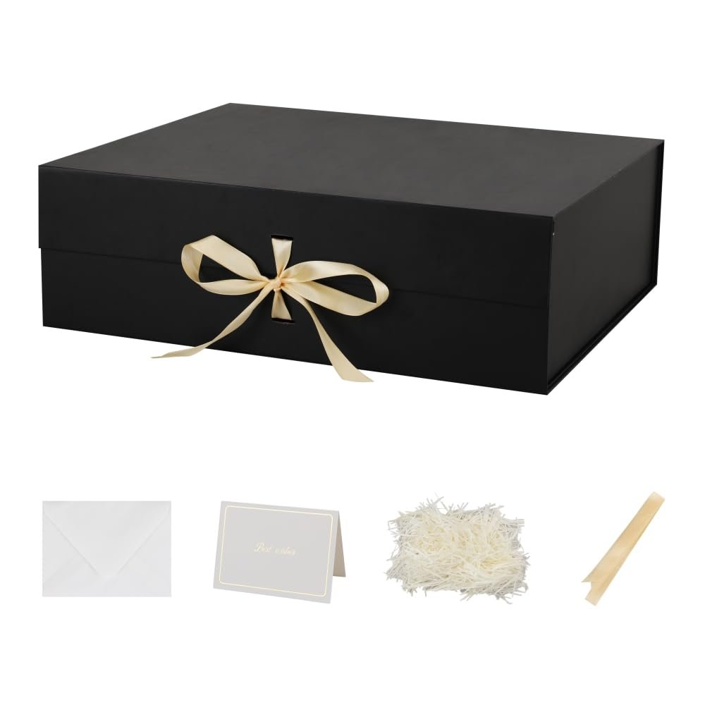 BoxSkivra Black Extra Large Gift Box with Lid 1 Pack 19x16x6 Inch Large Gift Boxes with Crinkle Paper & Card Magnetic Gift Box with Ribbon for Wedding Dress