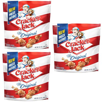 Cracker Jack The Original - Caramel Coated Popcorn with Peanuts - Pack of 3 - In Smiling Sweets Box - Perfect for Sporting Events and For Snacking Anywhere and Anytime