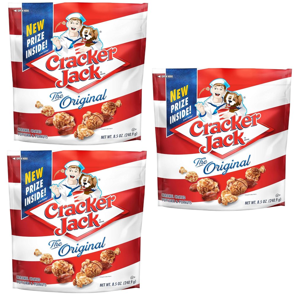 Cracker Jack The Original - Caramel Coated Popcorn with Peanuts - Pack of 3 - In Smiling Sweets Box - Perfect for Sporting Events and For Snacking Anywhere and Anytime