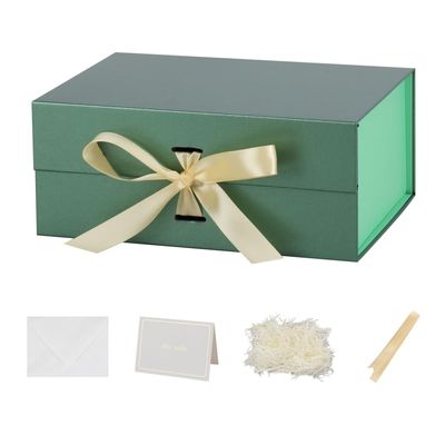 BoxSkivra Green Gift Box with Shredded Paper 1 Pack 9.5X7X4 Inch Small Magnetic Gift Box with Lid Rectangle Collapsible Luxury Box with Ribbon for Presents Crinkle Cut Paper Shred with Card