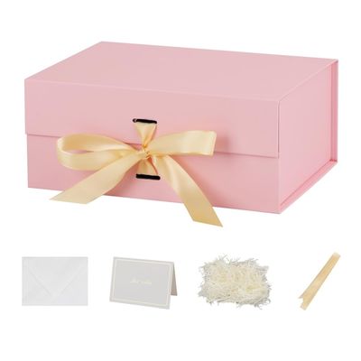 BoxSkivra Pink Gift Box with Shredded Paper 1 Pack 9.5X7X4 Inch Small Magnetic Gift Box with Lid Rectangle Collapsible Luxury Box with Ribbon for Presents Crinkle Cut Paper Shred with Card