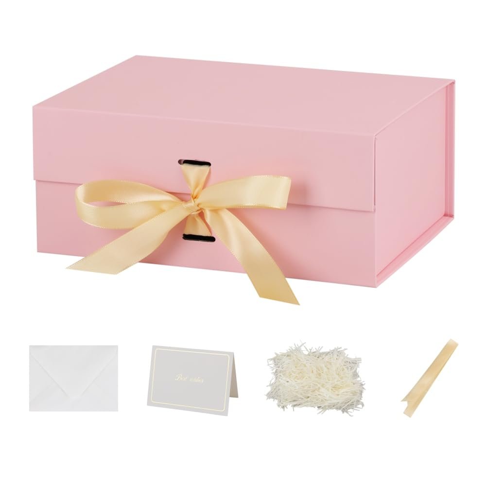 BoxSkivra Pink Gift Box with Shredded Paper 1 Pack 9.5X7X4 Inch Small Magnetic Gift Box with Lid Rectangle Collapsible Luxury Box with Ribbon for Presents Crinkle Cut Paper Shred with Card