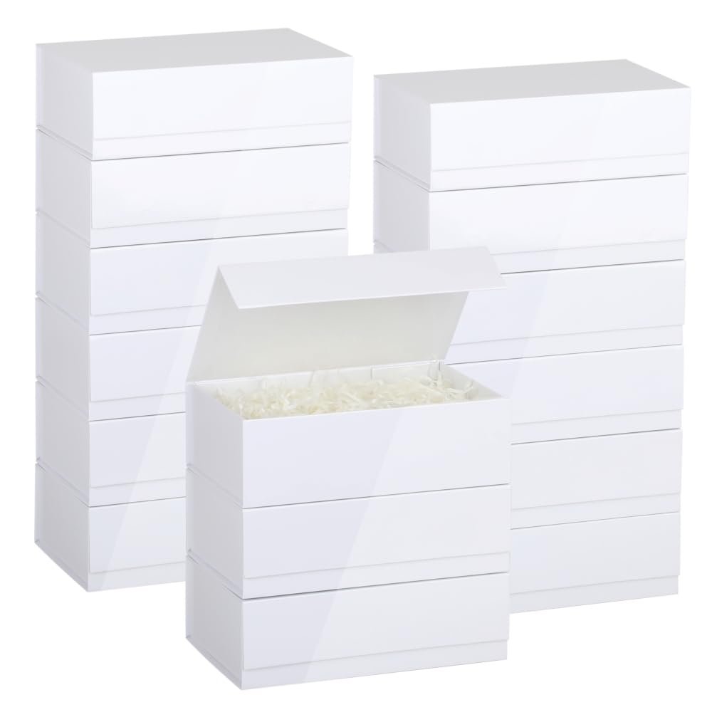 BoxSkivra Magnetic Gift Box with Lid 15 Pack 12X6X4 Inch White Gift Boxes Bulk Packaging for Small Business Bulk Gift Boxes for PresentsBridesmaid Proposal BoxCrinkle Cut Paper Shred