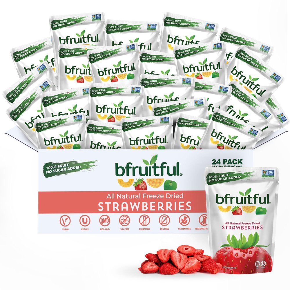 bfruitful Freeze Dried Strawberries, Freeze-Dried Strawberry Snacks with No Sugar Added, Vegan, Non GMO, Kosher, Fruit Bites for Kids and Adults, 0.56 oz Single-Serve Packs, 24 Count