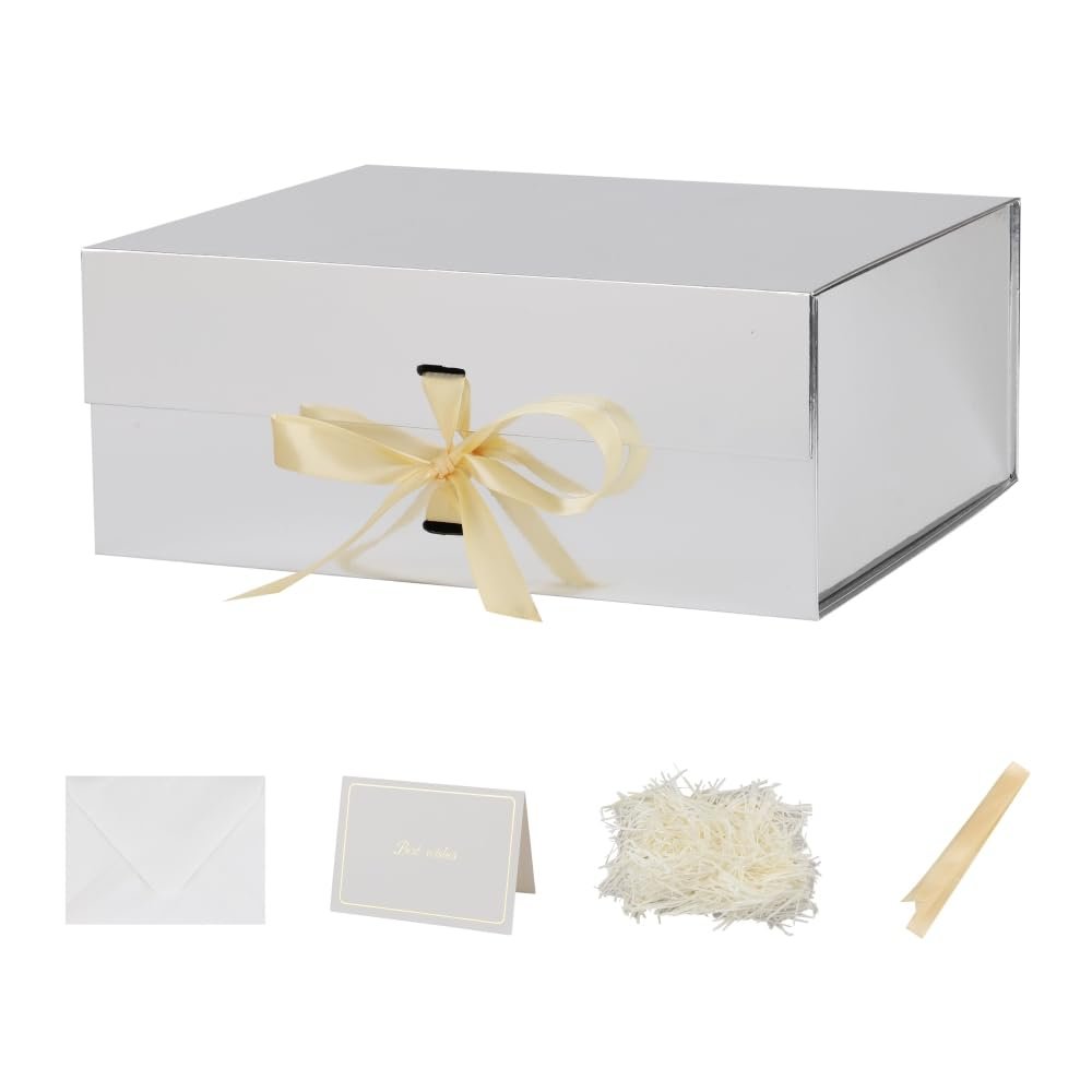 BoxSkivra Large Gift Boxes with Lids 5 Pack 13X11X5.3 Inch Large Silver Gift Box with Shredded Paper for Christmas Gift Box for Presents Groomsman Proposal Box