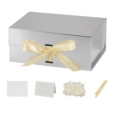 5 Pack 9.5X7X4 Inch Silver Magnetic Gift Box with Lid Small Gift Box with Shredded Paper Foldable Boxes with Ribbon for PresentsAnniversary GiftsBridesmaid Proposal Wedding party