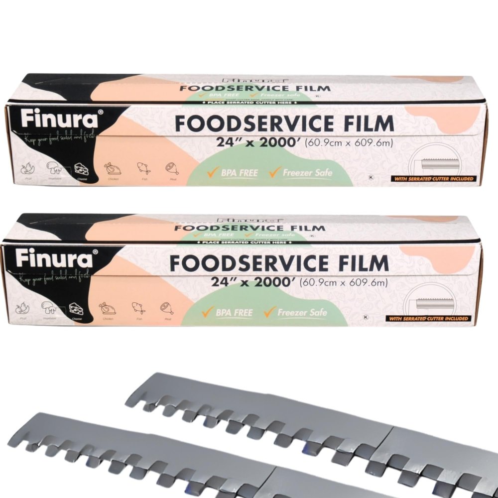 Finura Foodservice Plastic Wrap Film, Serrated Cutter, BPA Free, Antifog, Optimum Cling, Microwave and Freezer Safe, Commercial Use 8000 ft (sq. ft.) (24 in x 2000 ft) (Pack of 2)