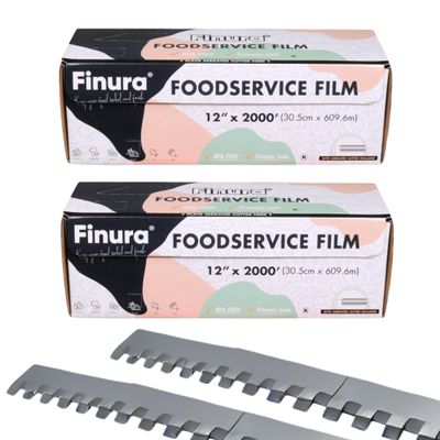 Finura Foodservice Plastic Wrap Film, Serrated Cutter, BPA Free, Antifog, Optimum Cling, Microwave and Freezer Safe, for Home & Kitchen 4000 ft (sq. ft.)(12 in x 2000 ft) (Pack of 2)