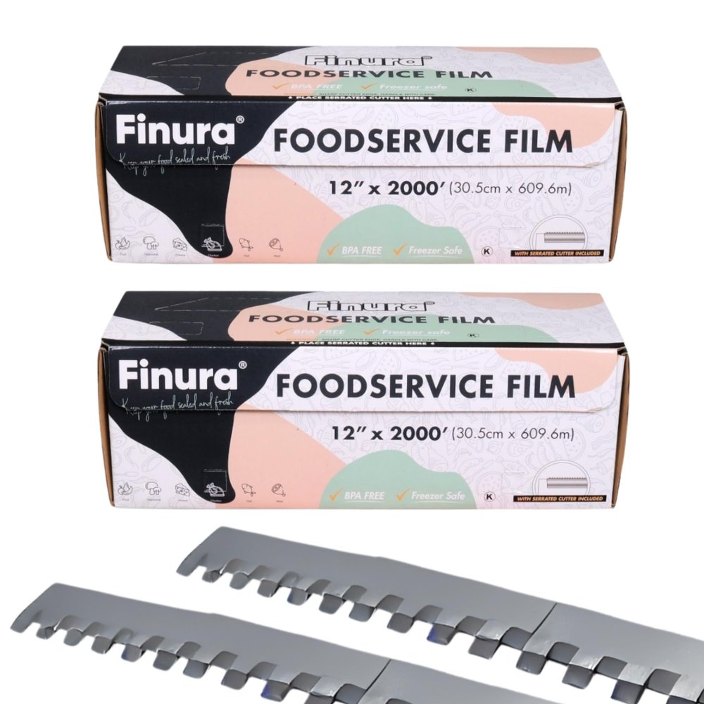 Finura Foodservice Plastic Wrap Film, Serrated Cutter, BPA Free, Antifog, Optimum Cling, Microwave and Freezer Safe, for Home & Kitchen 4000 ft (sq. ft.)(12 in x 2000 ft) (Pack of 2)