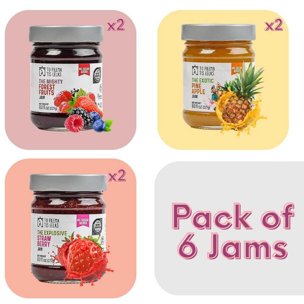 Assorted No Sugar Added Jams - 6 x 8 Fl. oz - 2 x Strawberry, Forest Fruits & Pineapple - Made in Greece, No Preservatives, Gluten Free Healthy Fruit Spreads for Breakfast, Toasts