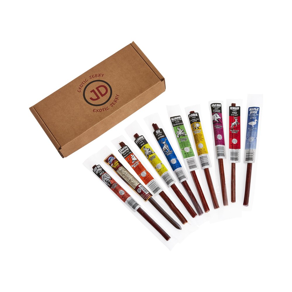 Jerky Dynasty Buffalo Bob's Mixed Exotic Variety Set - 10-Piece Assortment of Exotic Meats including Wild Boar, Venison and Aligator - Gourmet Beef Jerky & Beef Sticks with Unique Flavors