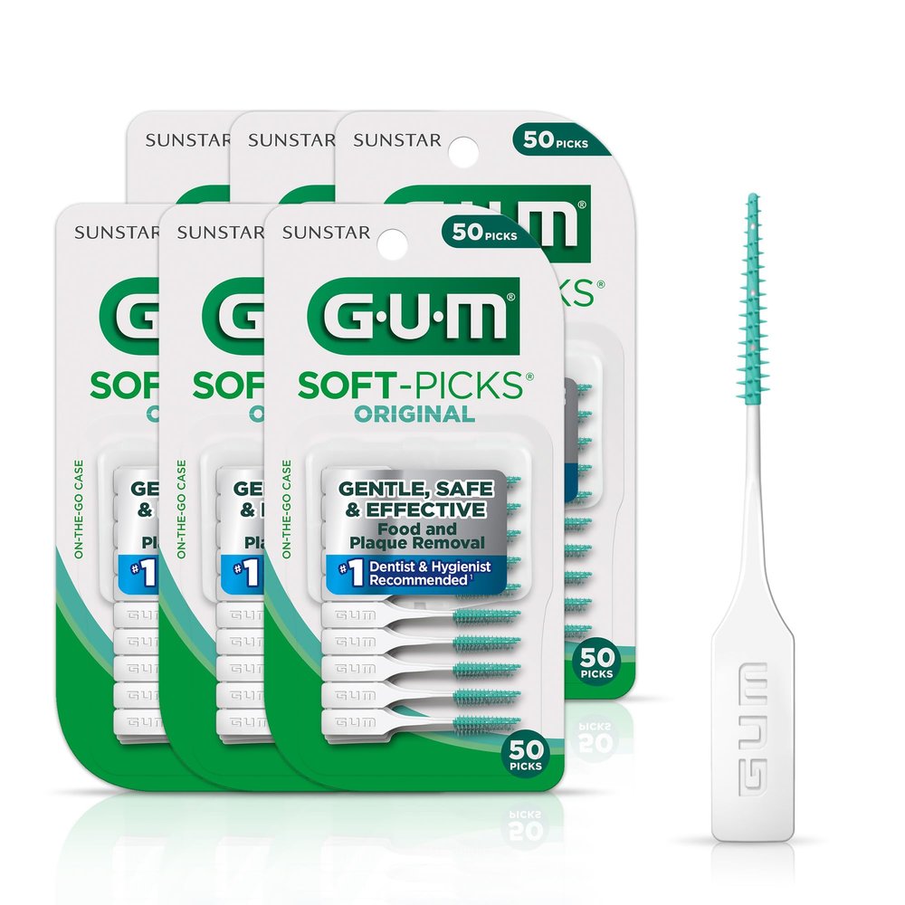 GUM Soft-Picks Original, Easy to Use Dental Picks for Teeth Cleaning Health, Disposable Interdental Brushes with Convenient Carry Case, Dentist Recommended Dental Picks, 50 Count (Pack of 6)