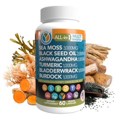 Yemay The Natural Way All-in-1 Multi Mineral Sea Moss Raw Organic Supplement, with Organic Seamoss Black Seed Oil Ashwagandha Burdock Root, Turmeric, Vitamin C, & More, 60 Vegan Capsules