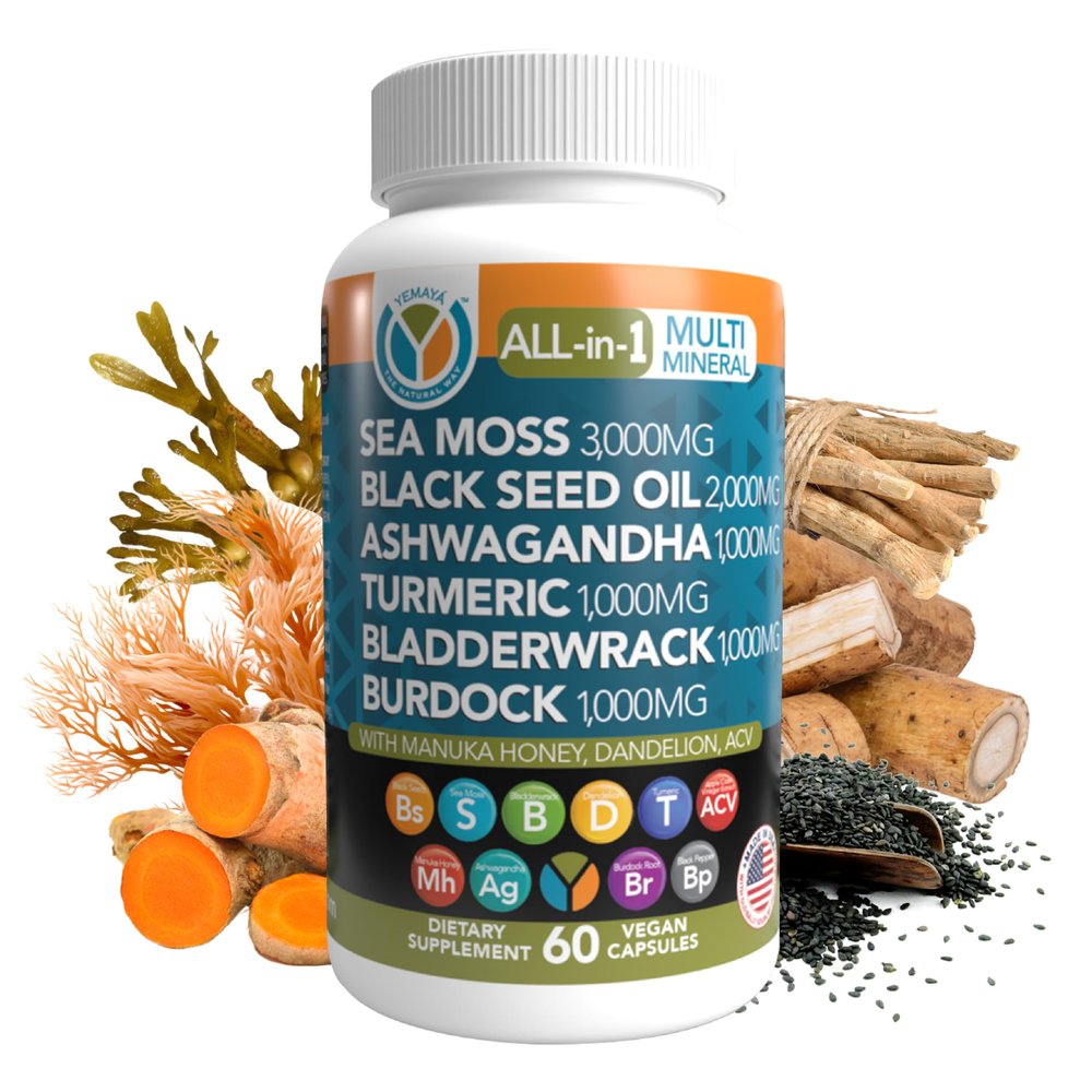 Yemay The Natural Way All-in-1 Multi Mineral Sea Moss Raw Organic Supplement, with Organic Seamoss Black Seed Oil Ashwagandha Burdock Root, Turmeric, Vitamin C, & More, 60 Vegan Capsules