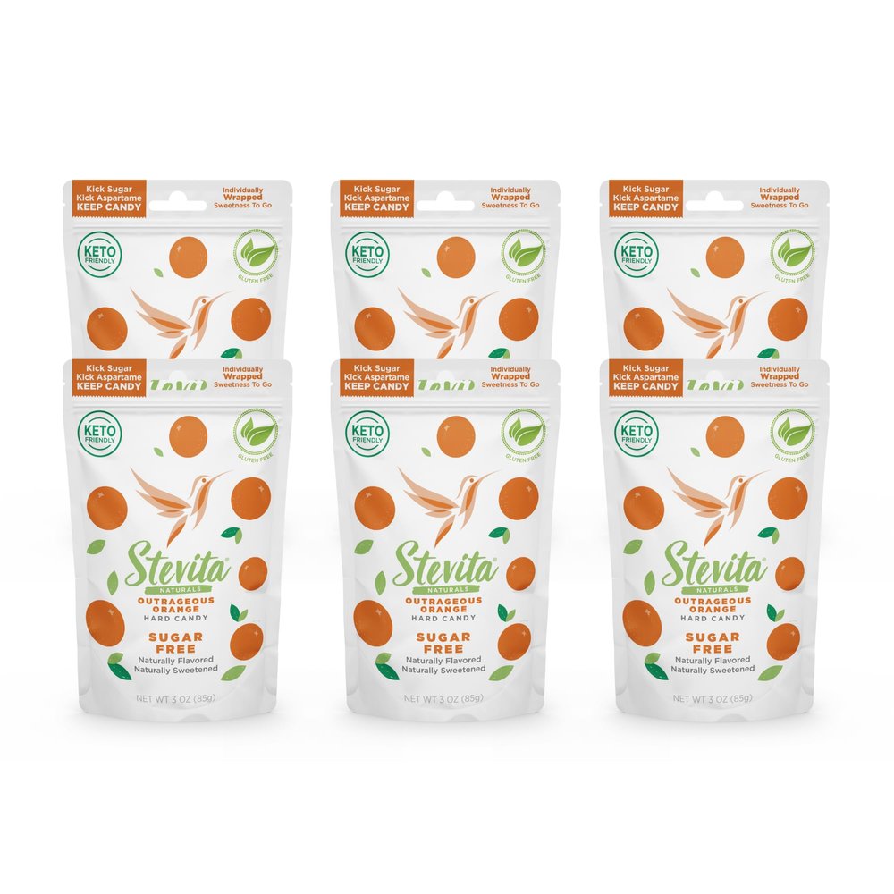 Stevita Hard Candy, Outrageous Orange - Pack of 6 - Sugar & Aspartame Free - Naturally Flavored & Sweetened - Non-GMO, Gluten Free, Keto Friendly