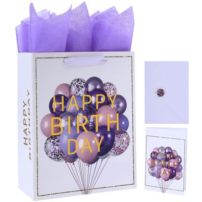 13" Large white Gift Bag Set with Greeting Card and Lavender Tissue Papers (Balloon and Embossing Gold Foil Happy Birthday) for Women's or Men's Birthday Party, Girls', Boys' or Kids' Party, Baby Shower, Baby Girl or Boy-10.2x5.2x13,1 Pcs.