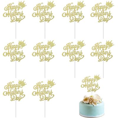 10Pcs Happy Mothers Day Cake Toppers Gold Glitter Cupcake Toppers Mother's Day Cake Decorations Cupcake Picks Stickers with Crown Heart Design Mother Birthday Party Supplies Icing DIY Supplies