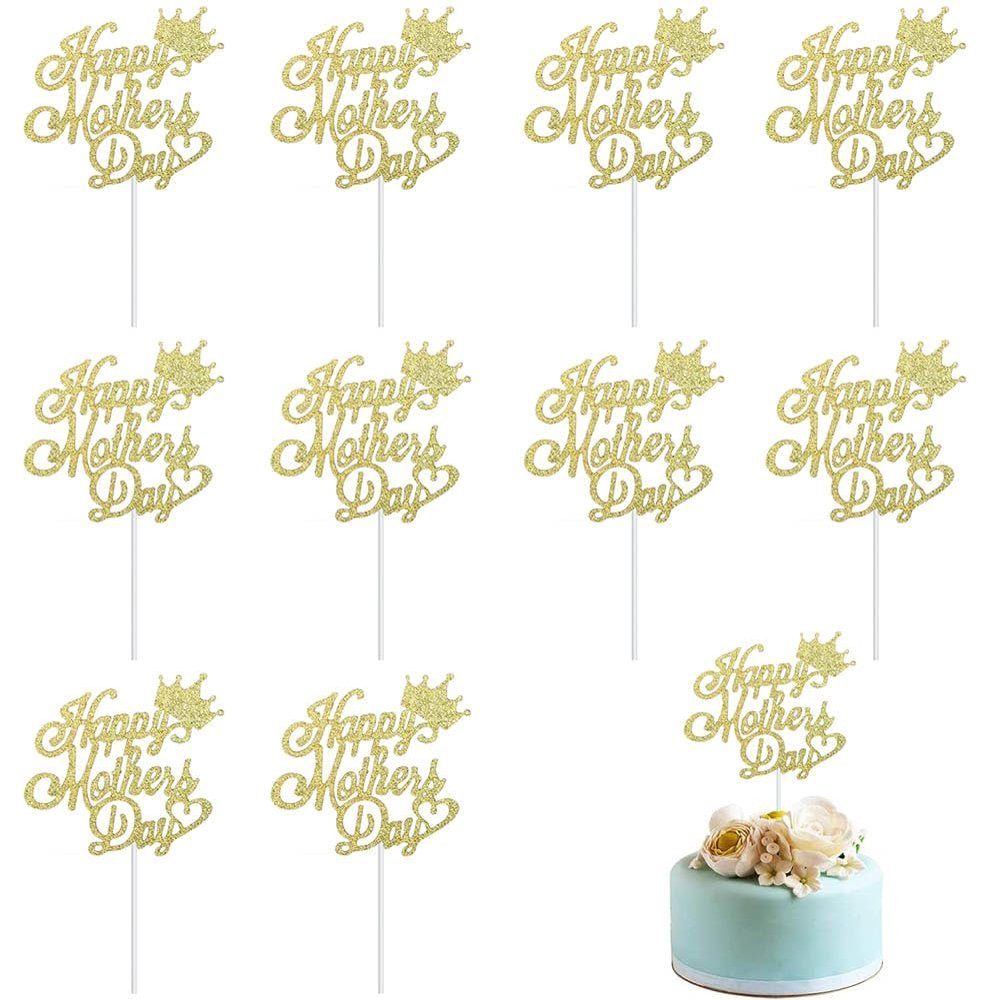 10Pcs Happy Mothers Day Cake Toppers Gold Glitter Cupcake Toppers Mother's Day Cake Decorations Cupcake Picks Stickers with Crown Heart Design Mother Birthday Party Supplies Icing DIY Supplies
