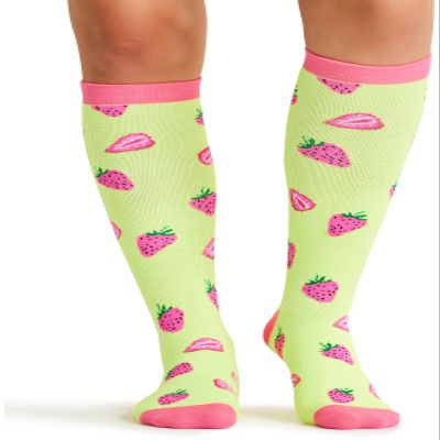 Cherokee Women's 10-15mmHg Compression Socks  Fun Print Knee Highs with Light Support, Soft Feel - PRINTSUPPORT, Plus, Strawberry Patch