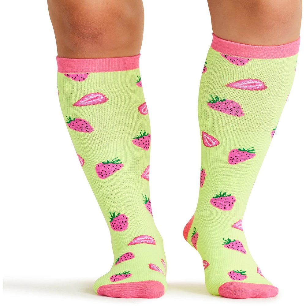 Cherokee Women's 10-15mmHg Compression Socks  Fun Print Knee Highs with Light Support, Soft Feel - PRINTSUPPORT, Plus, Strawberry Patch
