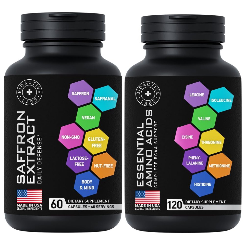 BIOACTIVE LABS Pure Saffron Extract Capsules and Essential Amino Acids Complex General Wellness Bundle
