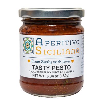 Aperitivo Siciliano - Traditional Sicilian Pesto with Black Olives and Capers - Perfect for Pasta, Vegetables, Pizza, and Baked Fish - 4 Jars of 6.3 oz - Made in Italy