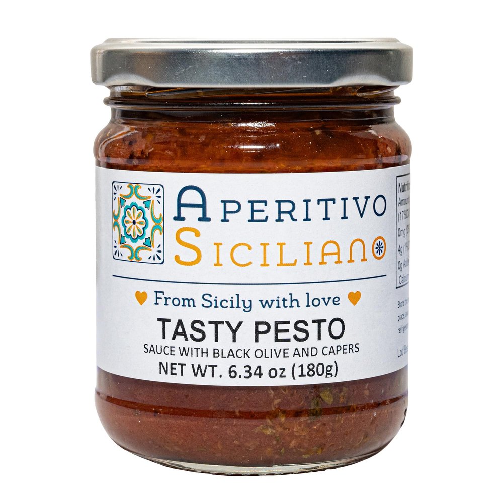 Aperitivo Siciliano - Traditional Sicilian Pesto with Black Olives and Capers - Perfect for Pasta, Vegetables, Pizza, and Baked Fish - 4 Jars of 6.3 oz - Made in Italy