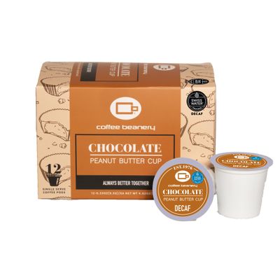 By Coffee Beanery, Chocolate Peanut Butter Cup Decaf Coffee Pods - Medium Roast - Flavored 12ct