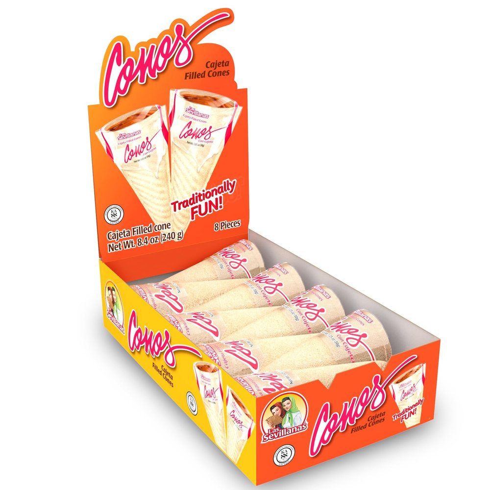 Las Sevillanas Cajeta Filled Wafer Cones  Traditional Mexican Candy, Sweet Dessert Treats - Dulce de Leche-Caramel Sauce | Crispy Waffle - Perfect for Snacks, Desserts, and Parties - 8.4 Oz/240 g (Pack of 1)