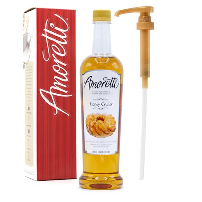 Amoretti - Premium Honey Cruller Syrup, 94 Servings Per Bottle (750 ml), with Pump for Flavoring Coffees, Cocktails, and other Beverages, Gluten Free, GMO/GEO Free, Preservative Free