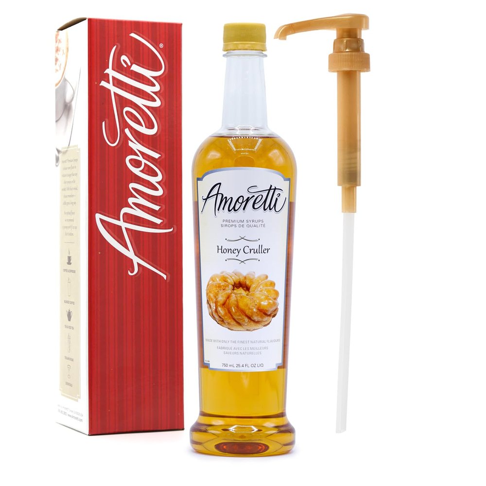 Amoretti - Premium Honey Cruller Syrup, 94 Servings Per Bottle (750 ml), with Pump for Flavoring Coffees, Cocktails, and other Beverages, Gluten Free, GMO/GEO Free, Preservative Free